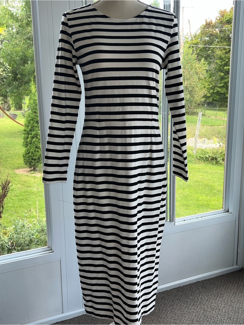 J. Crew Black and Ivory Striped Boatneck Midi Dress.